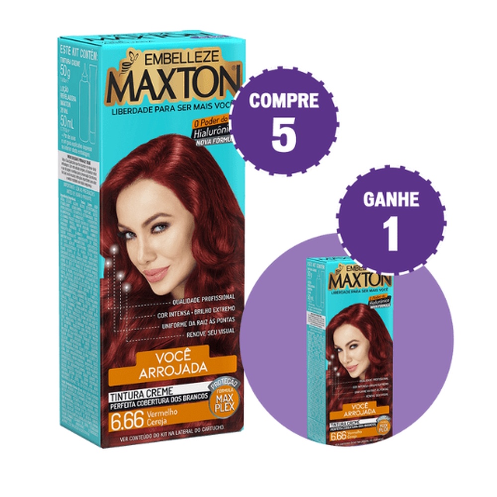 KIT COMPRE 5 TINTA DE CABELO MAXTON RUIVA +ARROJADA VERMELHO CEREJA 6.66 E GANHE 1