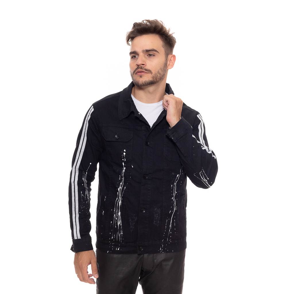 Jaqueta Jeans Masculina Preta Mancha Tinta Casac Black Pingo