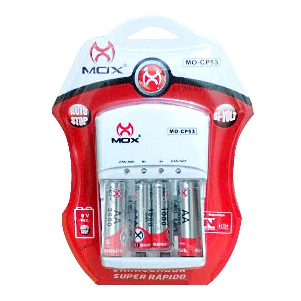 Kit com 2 Pilhas AA Normal e 2 Pilhas Palito Recarregáveis + Carregador MOX