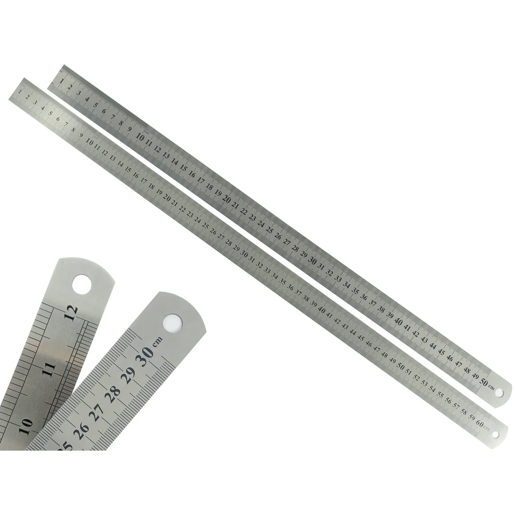 Kit 2 Réguas Escolar De Metal Aço Inox Tamanho 50 e 60 cm Engenheiro Escritório Resistente Marcação Baixo Relevo