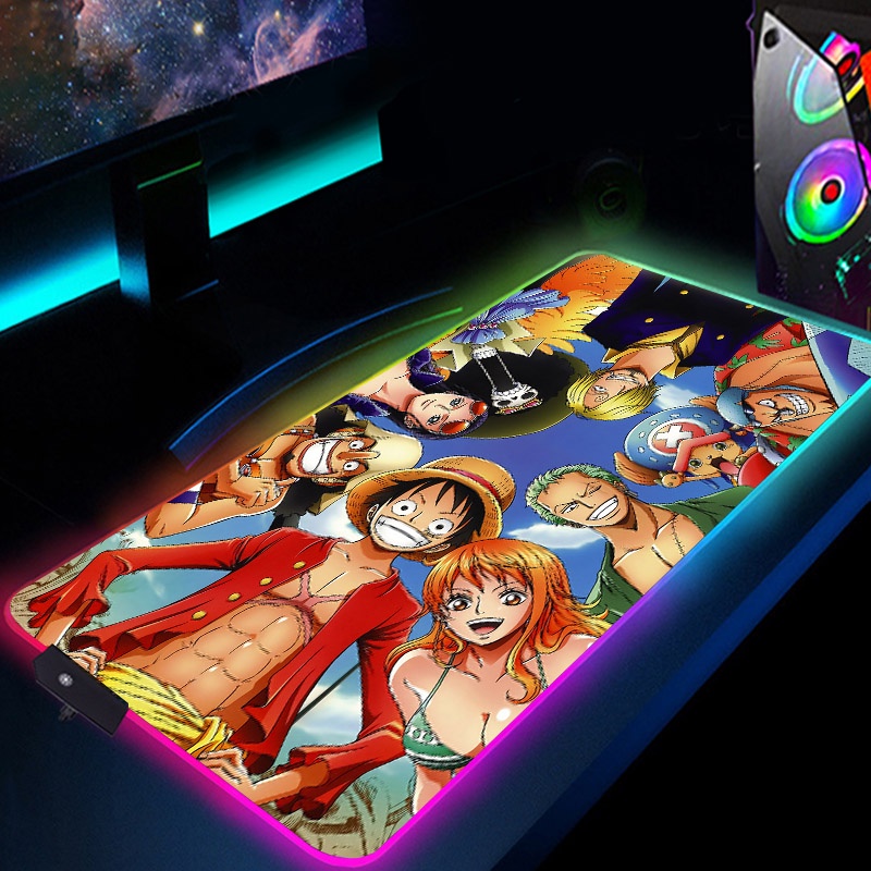 One Piece RGB Mouse Pad Xxl Luz De Fundo LED Pc Gamer Acessórios Com Mousepad De Fio Anime Tapete Protetor De Mesa Teclado Fofo