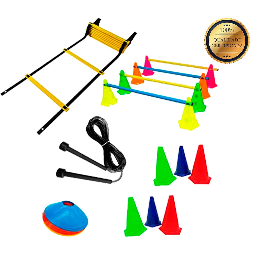 Kit Treinamento Funcional Agilidade 10 pratos demarcatório + 6 Cones 23cm +1 Corda 2,85mt +1 Escada de Agilidade 3,5mt + 1 barreiras