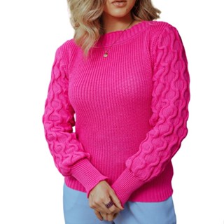 Blusa Feminina Tricot Manga Longa Colmeia Onda Tricô Inverno