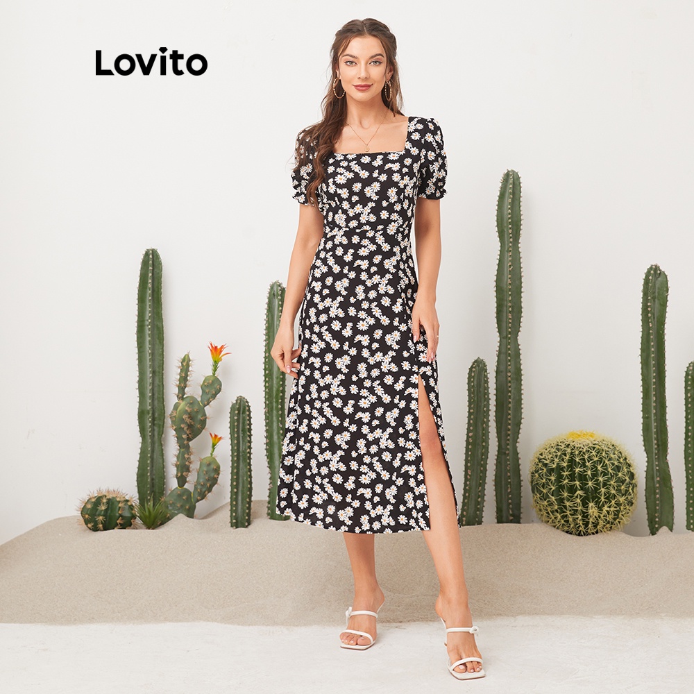 Vestido casual de mujer Lovito con estampado floral y escote cuadrado, largo, L11D32 (Negro)
