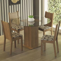 Conjunto Sala de Jantar Madesa Débora Mesa Tampo de Vidro Redondo 4 Cadeiras - Rustic/Bege Marrom