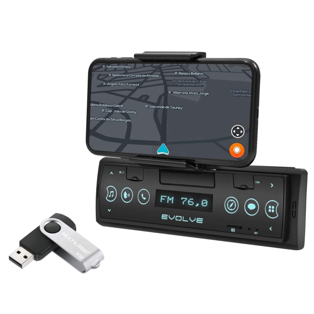Som Automotivo Evolve Connect Bluetooth 4X35W Suporte p/ Smartphone Rádio FM Entrada USB - P3353 + Pendrive 8GB