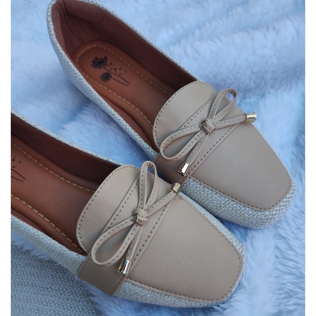 Mocassim bico quadrado Juta Lona Bege Nobuck Nude Bege Confort