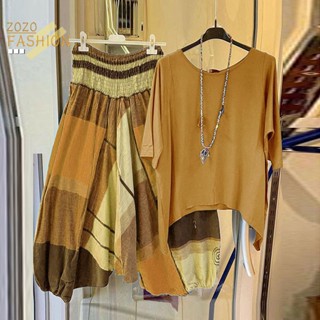 ZZF-1 Conjunto Camiseta Calças Com Padrão Xadrez Elástico Cintura Verão Blusa Irregular Calça De Perna Larga