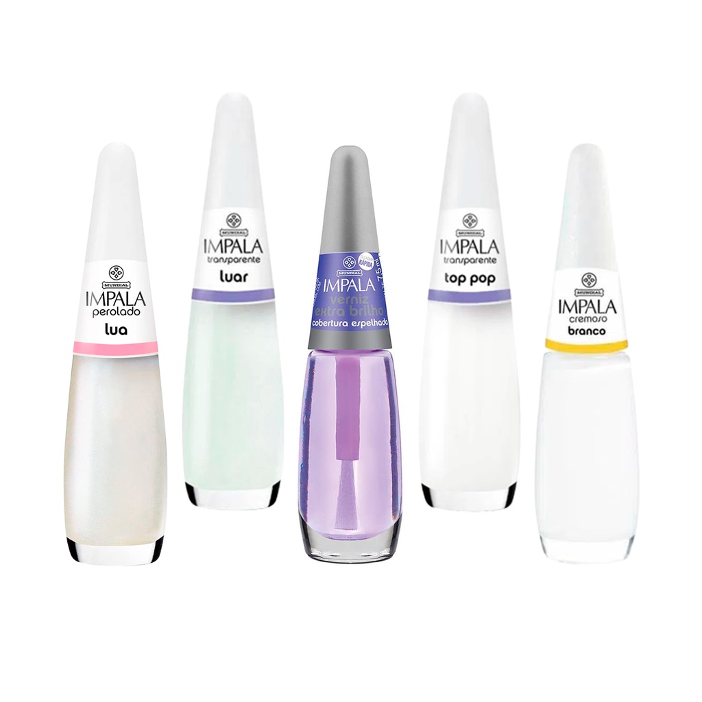 Kit 5 Esmaltes Impala Top Francesinha + Verniz Extra Brilho em Oferta na Shopee