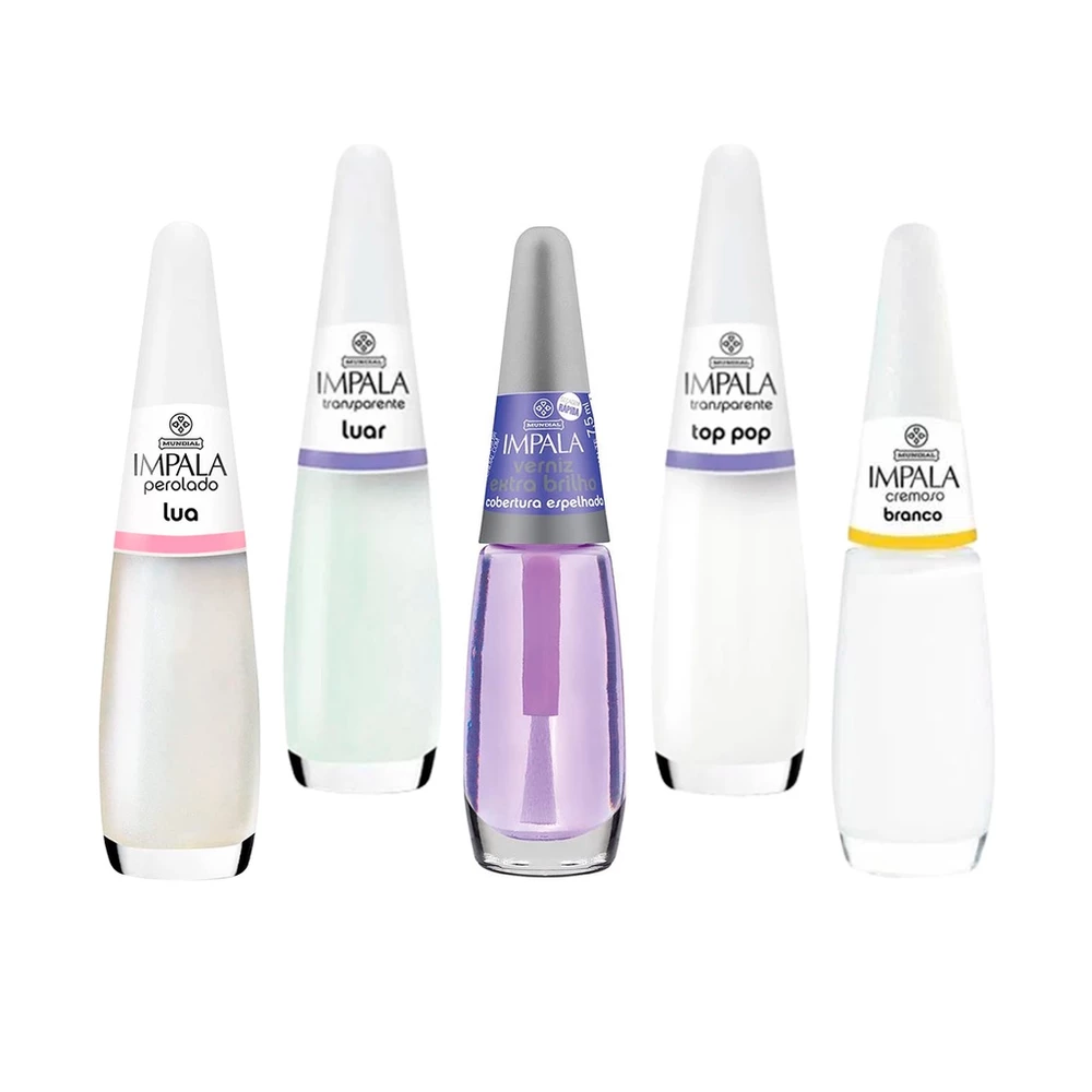 Kit 5 Esmaltes Impala Top Francesinha + Verniz Extra Brilho