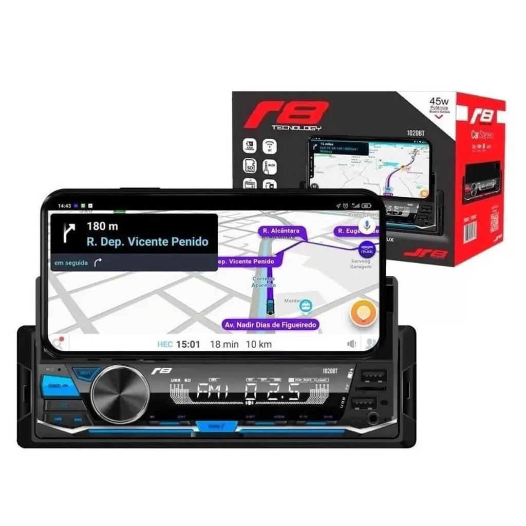 Detalhes do Radio Automotivo JR8 1020BT Suporte para Celular USB SD Bluetooth