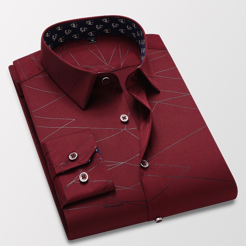 Red men's business work shirt printed long-sleeved shirt fashion striped casual shirt