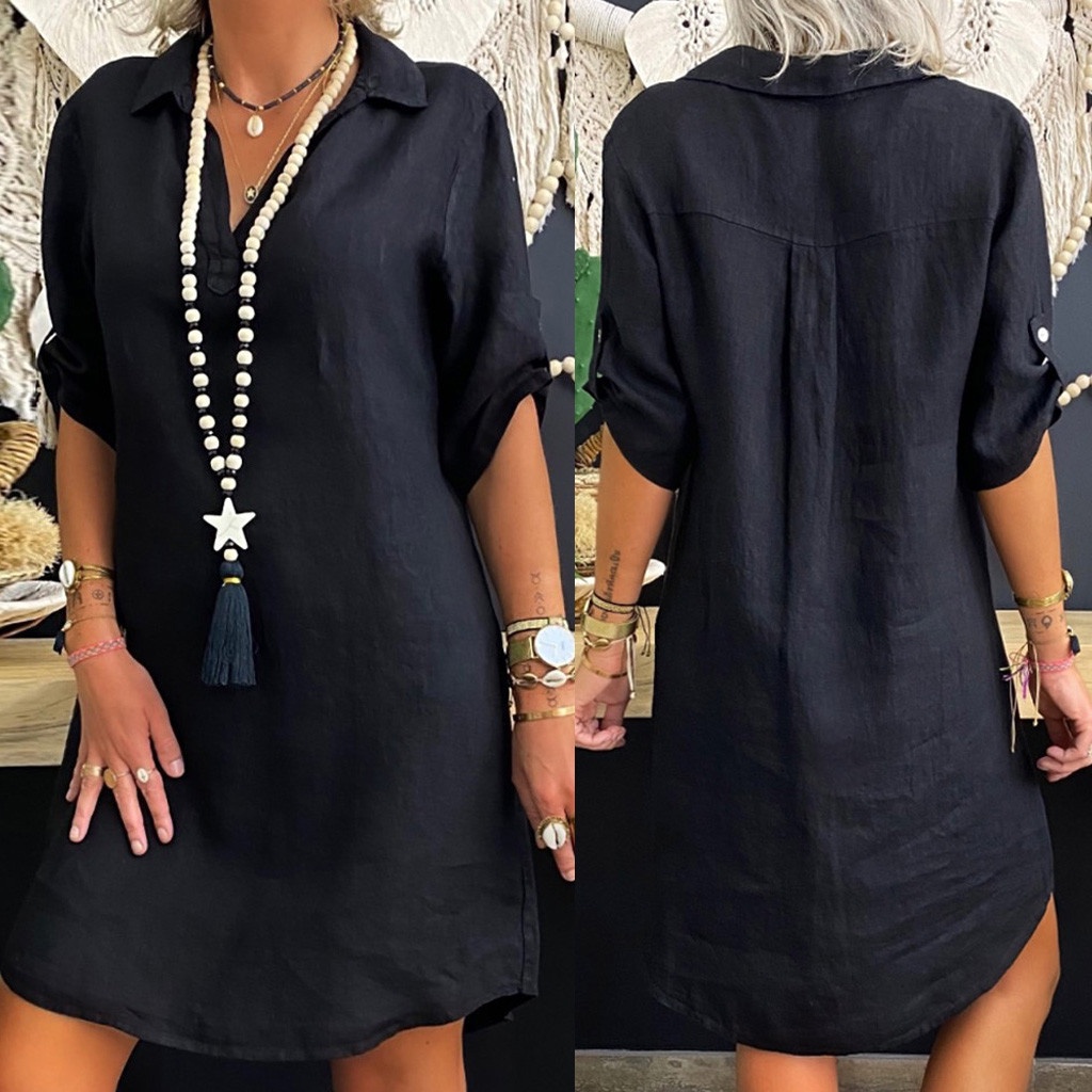 Vestidos De Verão Casual Loose Plus Size Mini Femininos Meia Manga Sólida Cor