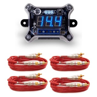 Kit 01 Voltímetro Digital Remote Control + 04 Cabos RCA Para Som Automotivo Prime Plug Metal Vermelho