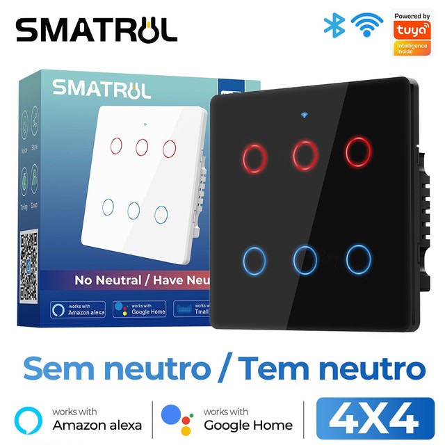 SMATRUL Sem Fio Neutro Brasil 4x4 Tuya WiFi Interruptor De Luz Inteligente 6 Gangues Parede 110-240V Painel De Tela APP Trabalho De Voz Com Alexa