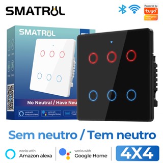 SMATRUL Sem Fio Neutro Brasil 4x4 Tuya WiFi Interruptor De Luz Inteligente 6 Gangues Parede 110-240V Painel De Tela APP Trabalho De Voz Com Alexa Google Home