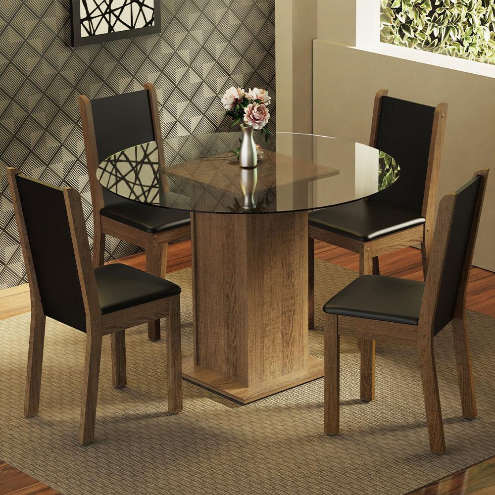 Conjunto Sala de Jantar Madesa Nanda Mesa Tampo de Vidro Redondo 4 Cadeiras - Rustic/Preto - Home & Living