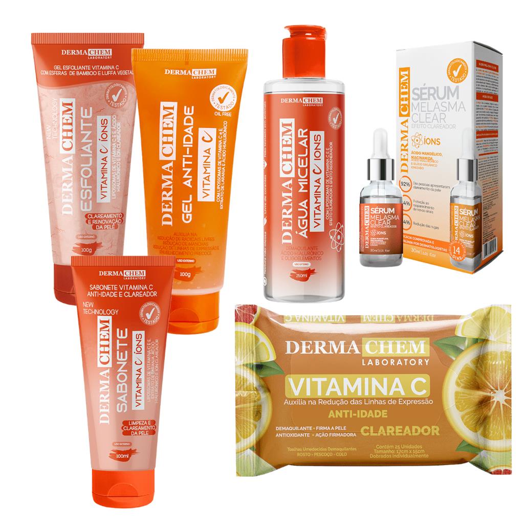 Skincare Completa Vitamina C Dermachem - Clareador e Anti-Idade - Agua Micelar + Gel + Sabonete + Esfoliante + Lenco Demaquilante + Serum