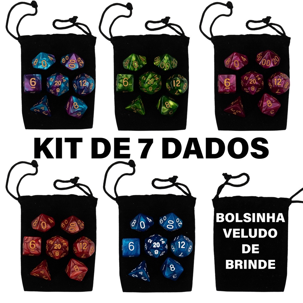 PROMOÇÃO Kit 7 Dados de RPG Perolados Com Bolsinha de Veludo D20 D12 D10 D8 D6 D4 D10%