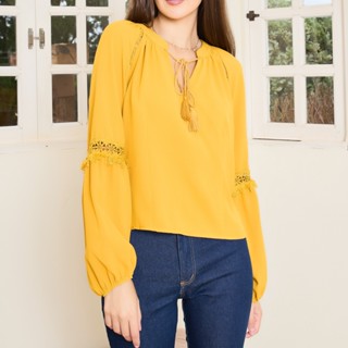 Aishty Blusa Camisa Feminina Manga Longa Detalhe Guipir Manga