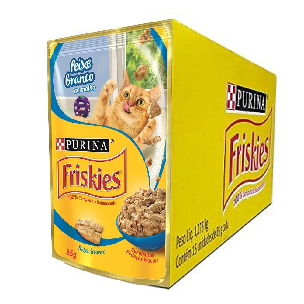 Caixa 15un Ração Úmida Sachê Friskies Gatos Adultos Peixe ao Molho 85g
