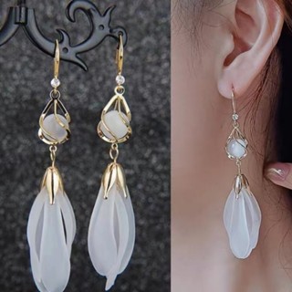 Coreano Temperamento Mulheres Brincos Opala Branco Petal Moda Elegantes Longos Com Borla Pendurada