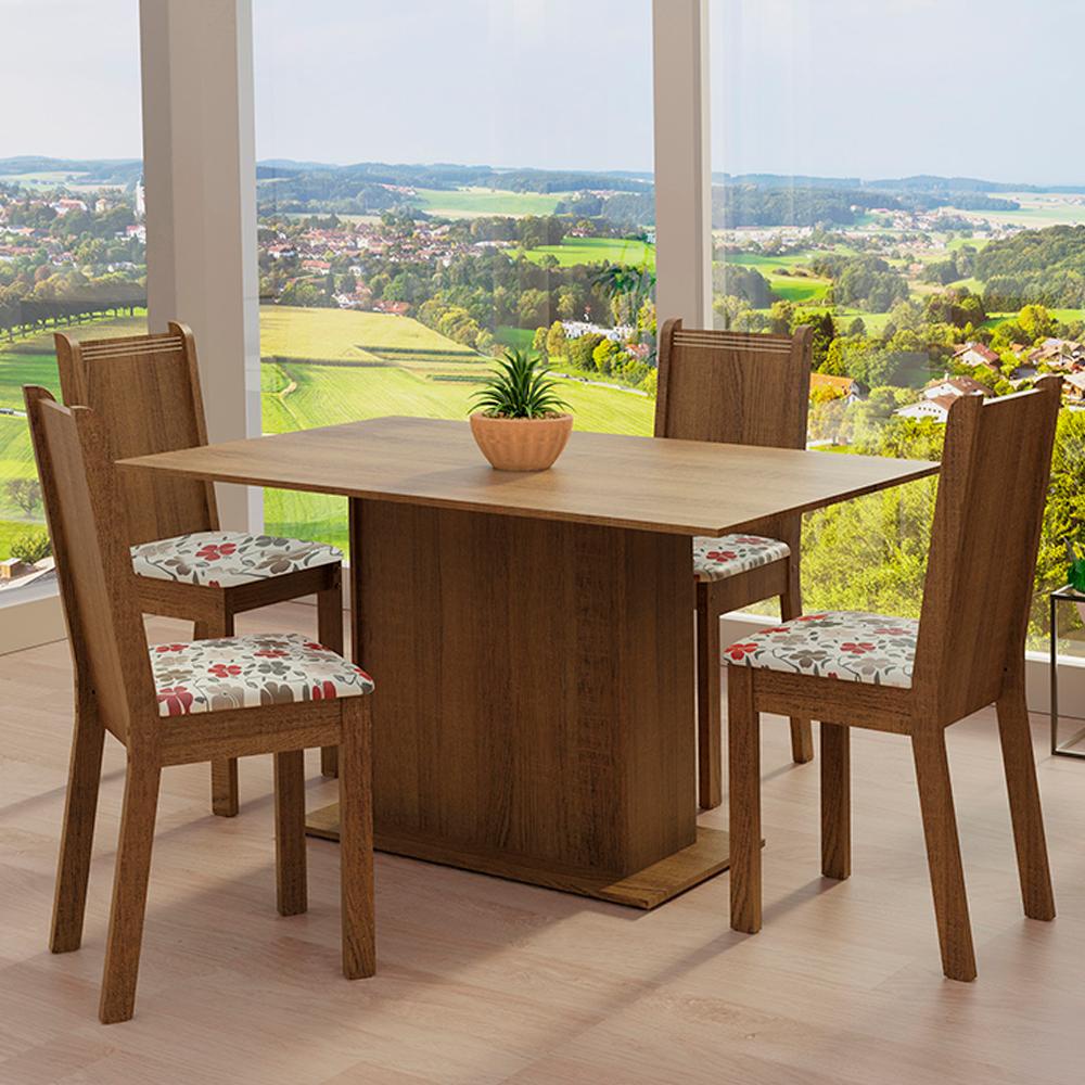 Conjunto Sala de Jantar Madesa Luana Mesa Tampo de Madeira com 4 Cadeiras - Rustic/Floral Hibiscos - Home & Living