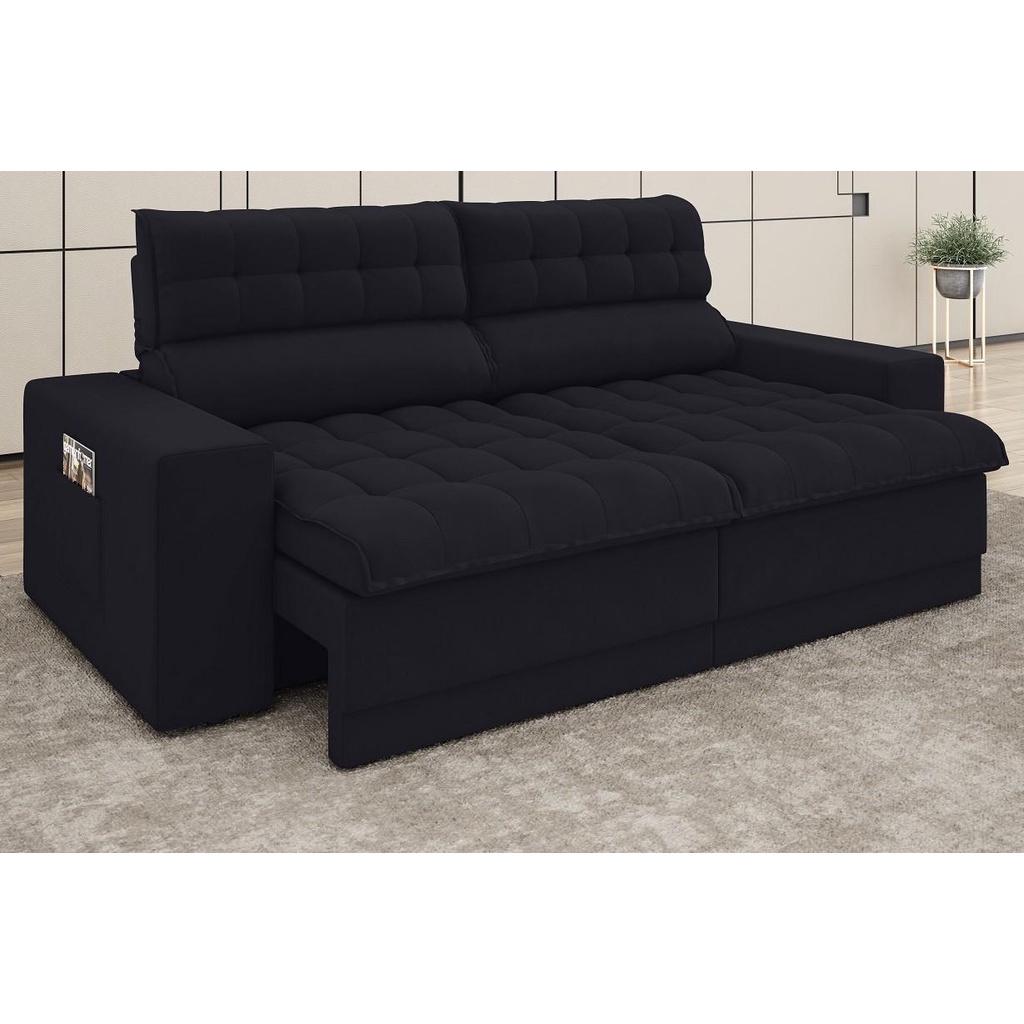 Sofá Omega 2,00m Assento Retrátil e Reclinável Velosuede Preto - NETSOFAS - Home & Living