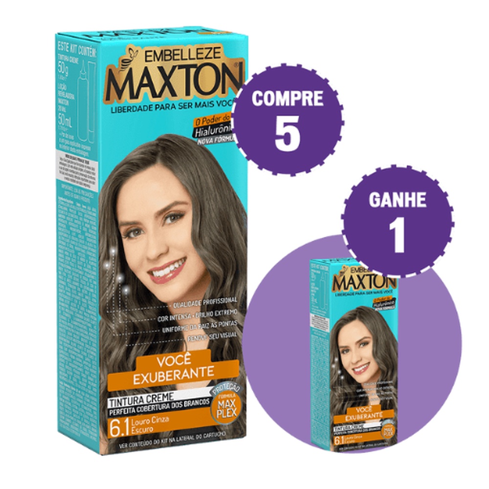 KIT COMPRE 5 TINTA DE CABELO MAXTON LOURA +EXUBERANTE LOURO CINZA ESCURO 6.1 E GANHE 1