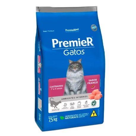 Ração Premier Ambientes Internos Gatos Adultos Castrados 7 A 11 Anos Frango 7,5kg