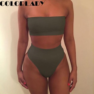 Sexy De Cintura Alta Sem Alças Boob Tubo Topo Biquíni Conjunto Maiô Duas Peças SóLida Banho Brasileiro Beachwear Biquinis