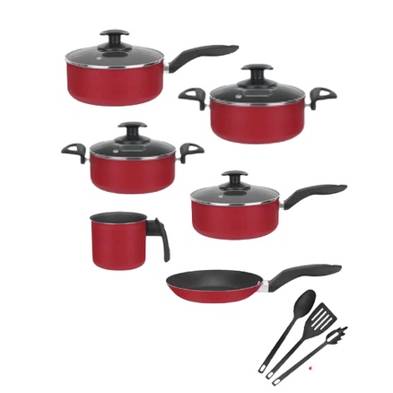 Conjunto De Panela 6 Pçs Teflon Antiaderente Tampas De Vidro Vermelho