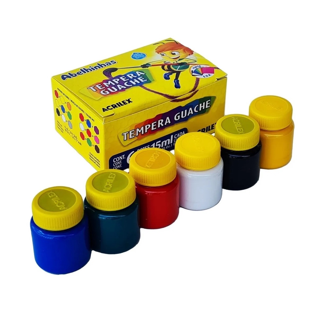 Tinta Tempera Guache Acrilex 6 cores 15ml Escolar Crianças