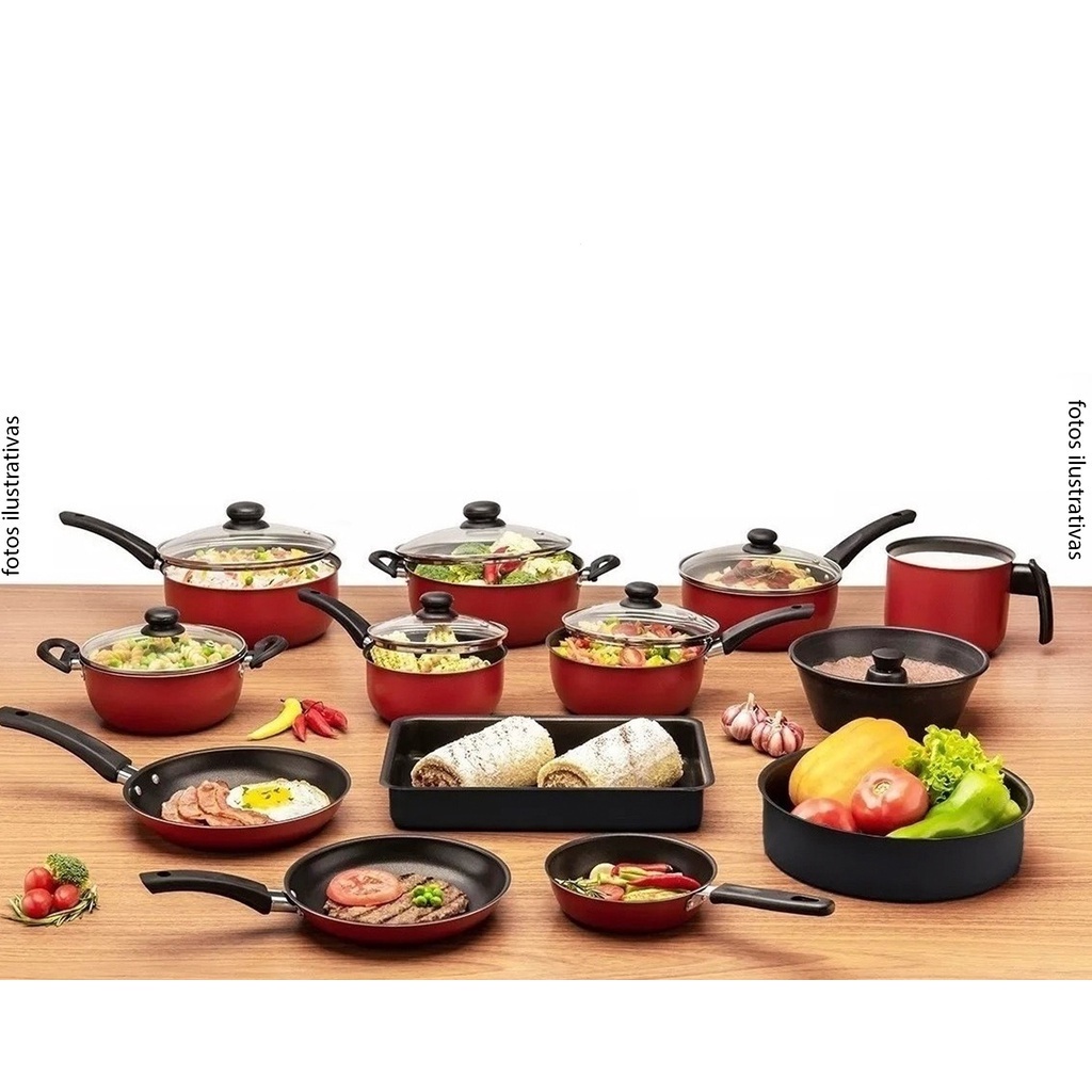 Conjunto Jogo Kit Panelas 13 Peças Teflon Super Antiaderente Vermelho ...