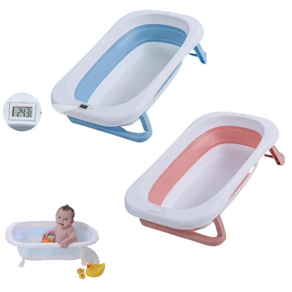 Banheira Bebê Dobrável Rígida Infantil Confortável Segura Azul e Rosa Com  Termômetro Portátil - Corre Que Ta Baratinho