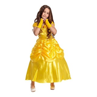 Vestido Fantasia Infantil Princesa Bela Com Luva E Saiote De Armacao