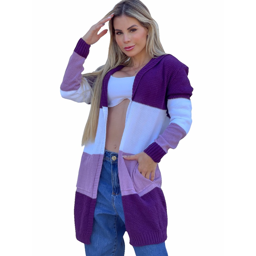 Parka Feminina em Tricô com Bolso e Toca Listado