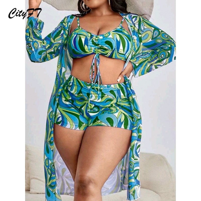 Biquini Três Peças feminino adulto plus size saida Tamanho Grande estampado de praia kimono + Boxer + Top