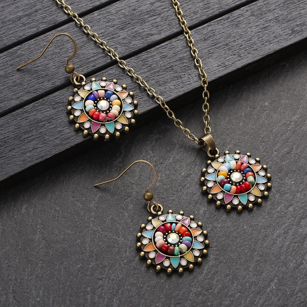 Boho Conjuntos De Joias De Contas Coloridas Para Mulheres Vintage Ouro Cor Liga Metálica Colar Pingente Brincos Casamento De Noiva