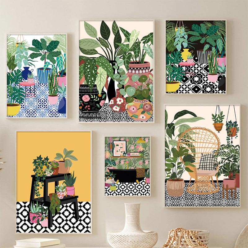 Arte Nórdica De Azulejo Grego Botânico Casa Pôster Boho Verde Folhas Decoração Imagem Moderna Tela Pintura De em Oferta na Shopee