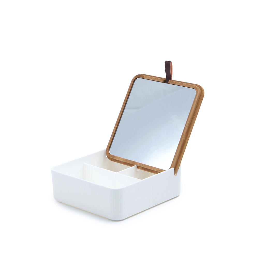 Porta joias quadrado com tampa de bambu e espelho - Oikos