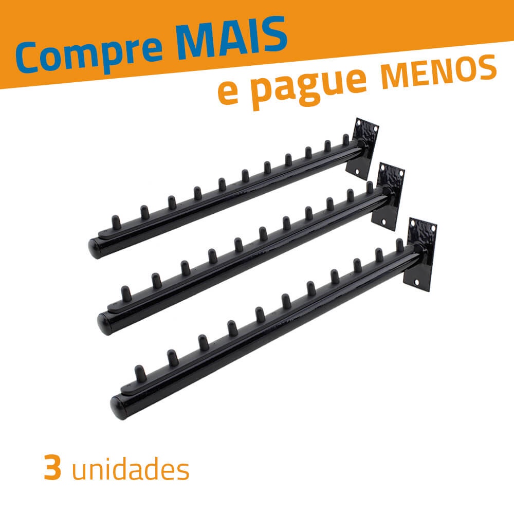 Kit Suporte de Cabide para Parede - RT Inclinado - Preto 3 Unidades