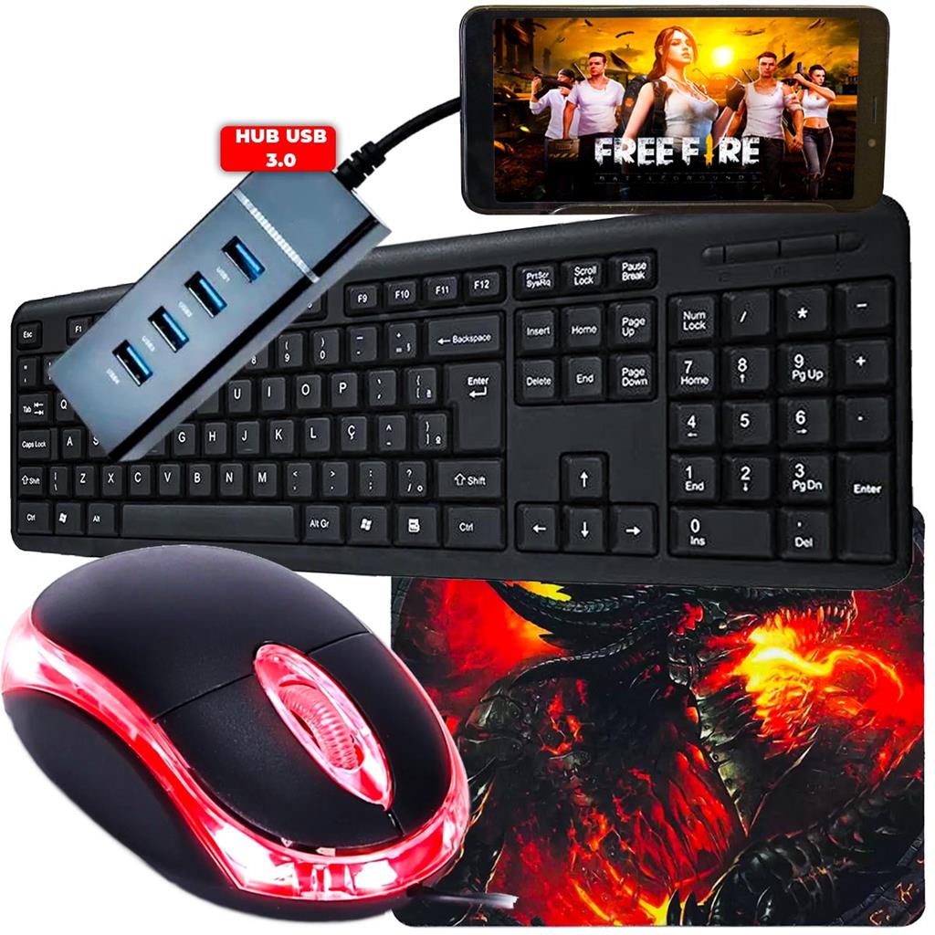 Kit Mobilador Gamer 3.0 Hub 4 Portas Sem Delay + Teclado Abnt2 + Mouse Optico 1000Dpi Vermelho