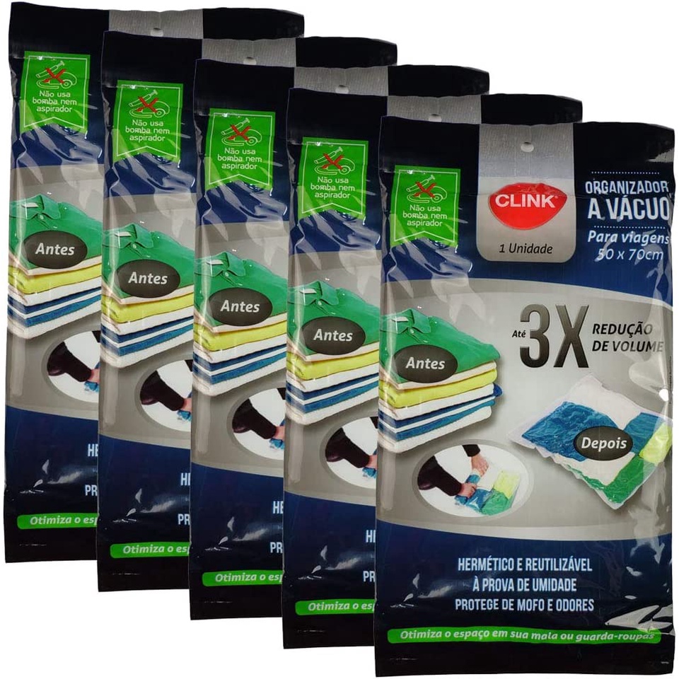 Kit 5 Sacos a Vácuo Hermético 50x70cm Para Viagem Roupa Mala Toalhas Protetor em Oferta na Shopee