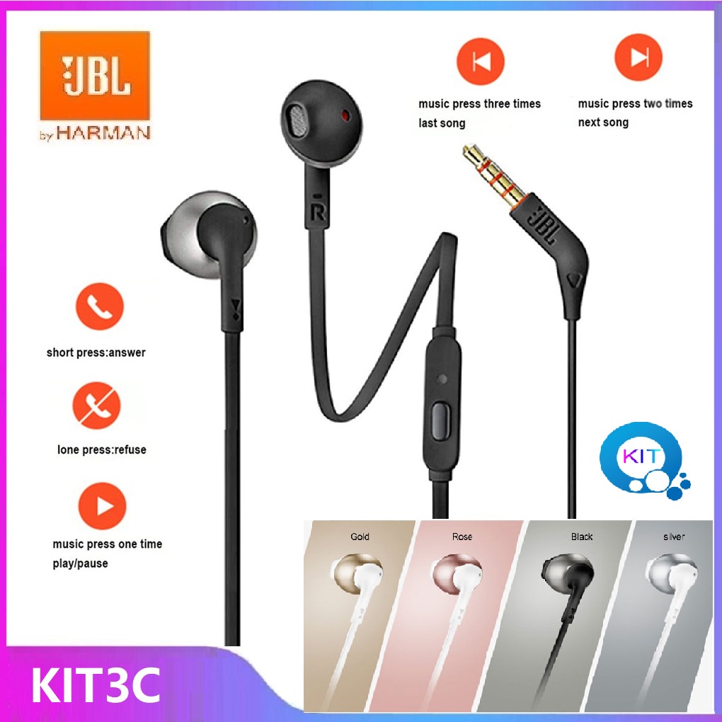 Fone De Ouvido Jbl T205 Original 3.5mm Com Fio Intra-Auricular Microfone Para Iphone E Android/Smartphone Kit3c