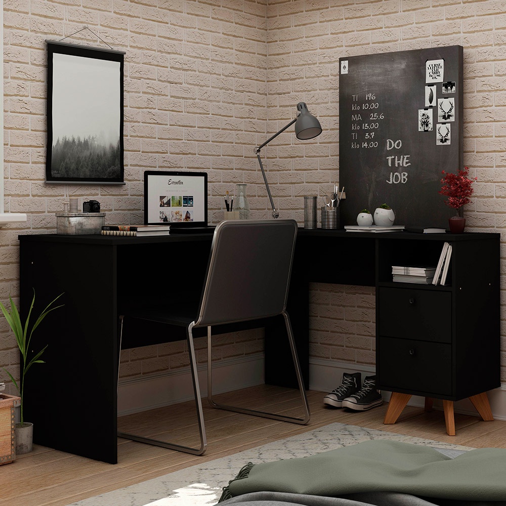 Escrivaninha Em L 2 Gavetas Havana Preto - Gelius em Oferta na Shopee