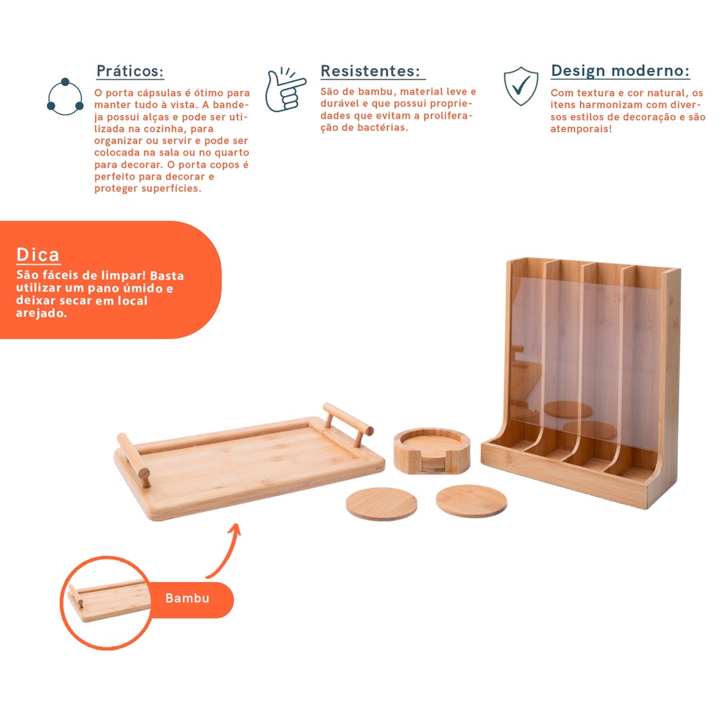 Detalhes do Kit com porta cápsulas, bandeja retangular com alças e jogo de porta copos de bambu - Oikos