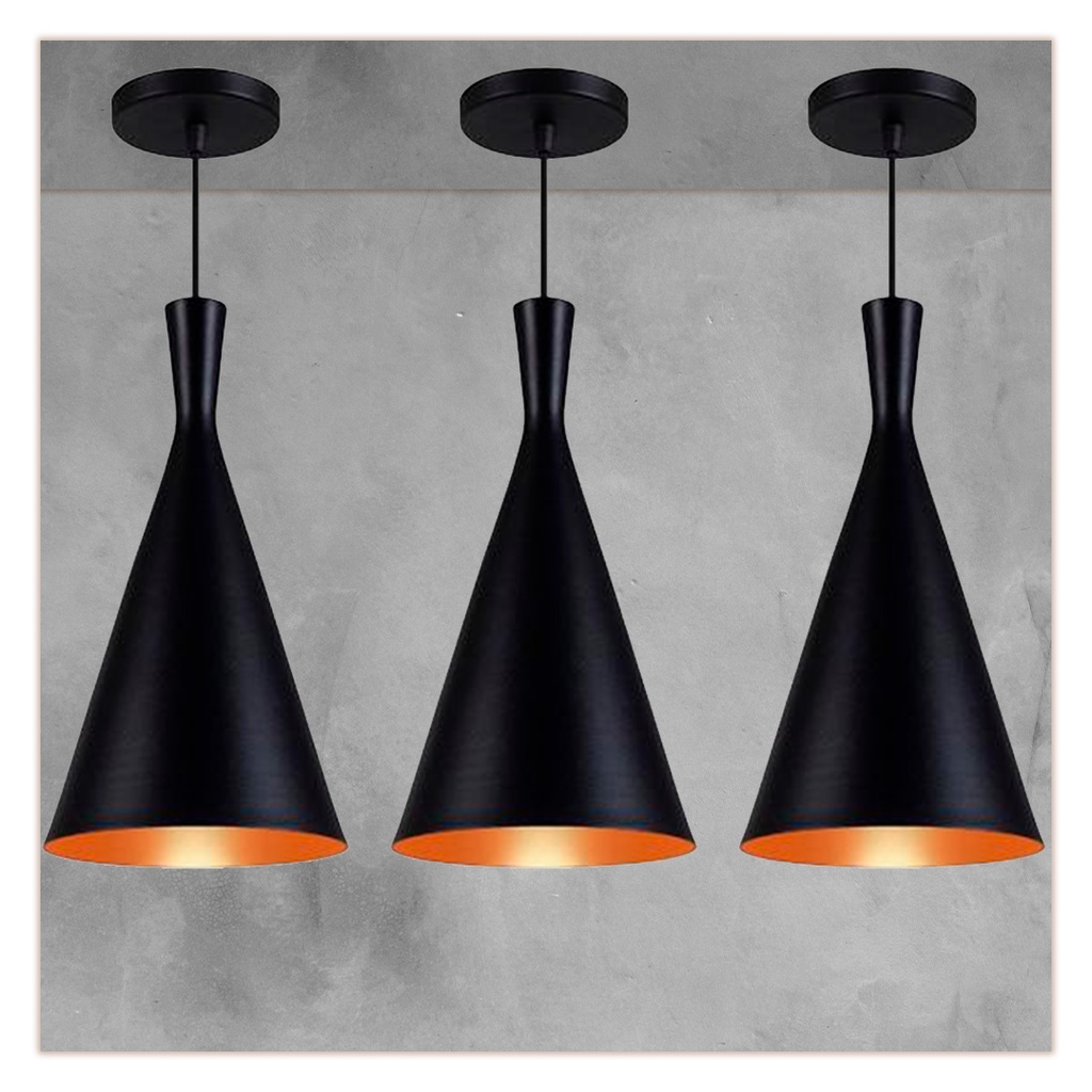 Kit 3 Pendente Luminária Tom Dixon Funil  Preto Com Cobre RRJV