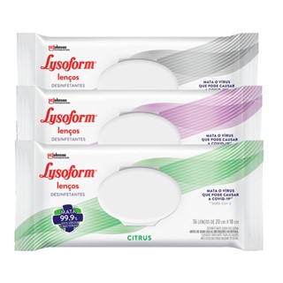 Kit Lysoform Lenço Umedecido Original 36 unidades + Lenço Citrus 36 un + Lenço Lavanda 36 un