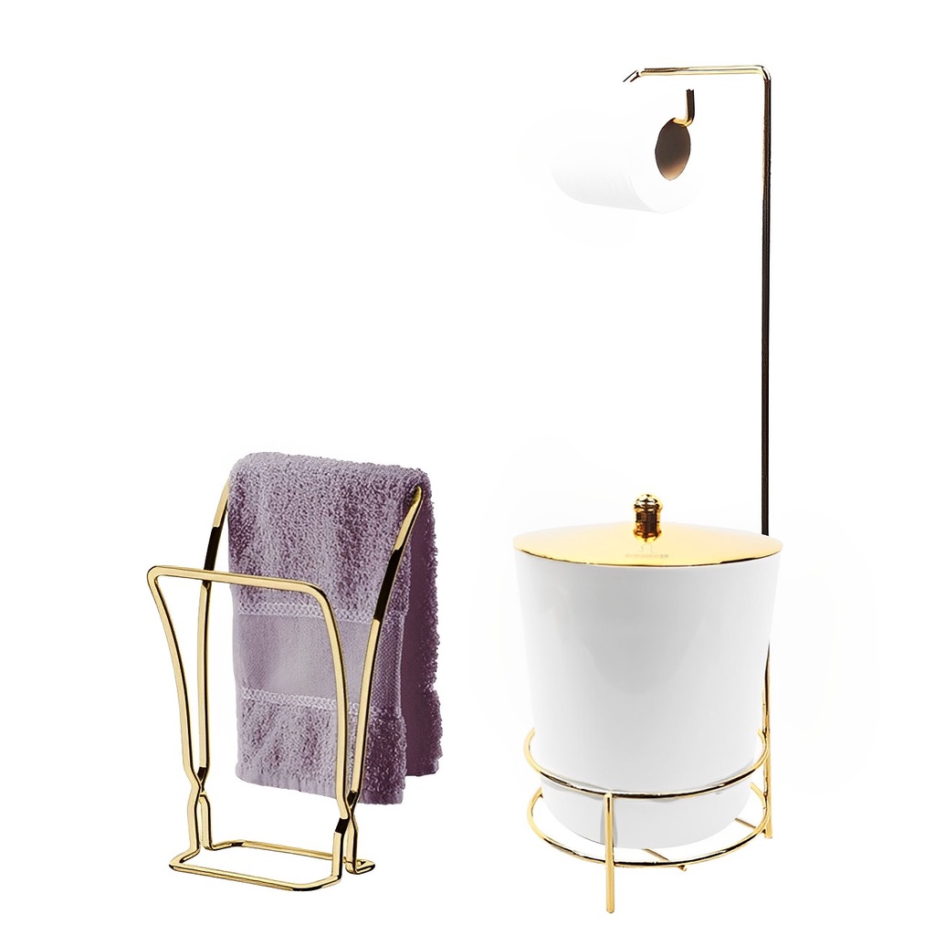 Kit Suporte Porta Papel Higiênico Lixeira 5L Tampa  Pino  Toalheiro Duplo Branco Dourado Banheiro - AMZ
